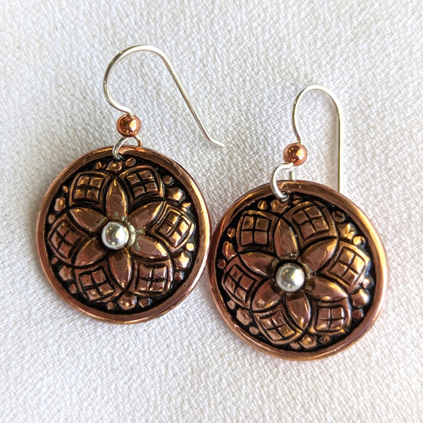Copper Earrings -Flower w/ fine silver balls